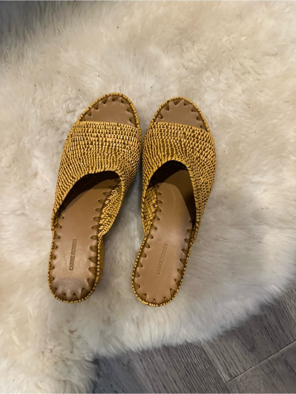Carrie Forbes Mustard Woven Raffia Wedge Sandals